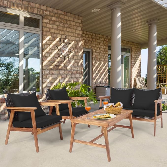 COSTWAY 4 Pieces Acacia Wood Patio Conversation Set, Outdoor Wicker Sofa with Coffee Table & Cushions, Patio Rattan Furniture Set for Yard, Porch, Poolside, Balcony, Backyard, Black & Turquoise