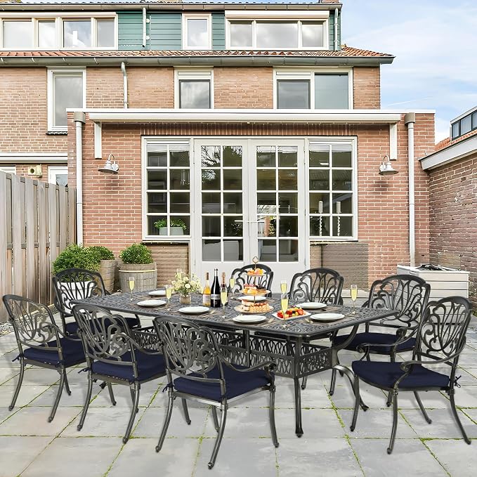 9-Piece Patio Cast Aluminum Dining Set, Outdoor Dining Furniture Set for 8 Person, Includes 94.5" Rectangular Dining Table and 8 Cushioned Chairs with Umbrella Hole, Navy Blue