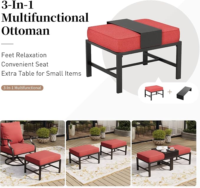 SUNSHINE VALLEY 6 Piece Metal Outdoor Patio Furniture Set with Firepit Table, Patio Conversation Set 1 3-Seater Sofa, 2 Swivel Chair, 2 Ottoman with 5.75" Thick Cushion, Black Backyard Furniture, Red