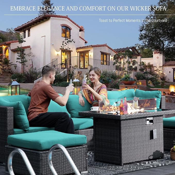 BULEXYARD 13 Piece High Back Outdoor Furniture Sets with Fire Pit, Luxury Patio Sectional Couch Sofa 12-Seater Modular, Comfortable Extra Large Wide Deep Backyard Seating Conversation Set, Grey & Teal