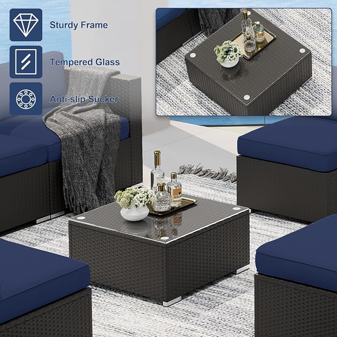 SUNCROWN 8-Piece Outdoor Patio Furniture Sofa Set All-Weather Wicker Sectional Conversation Set with Modern Glass Coffee Table, Cushions and Waterproof Cover, Dark Blue