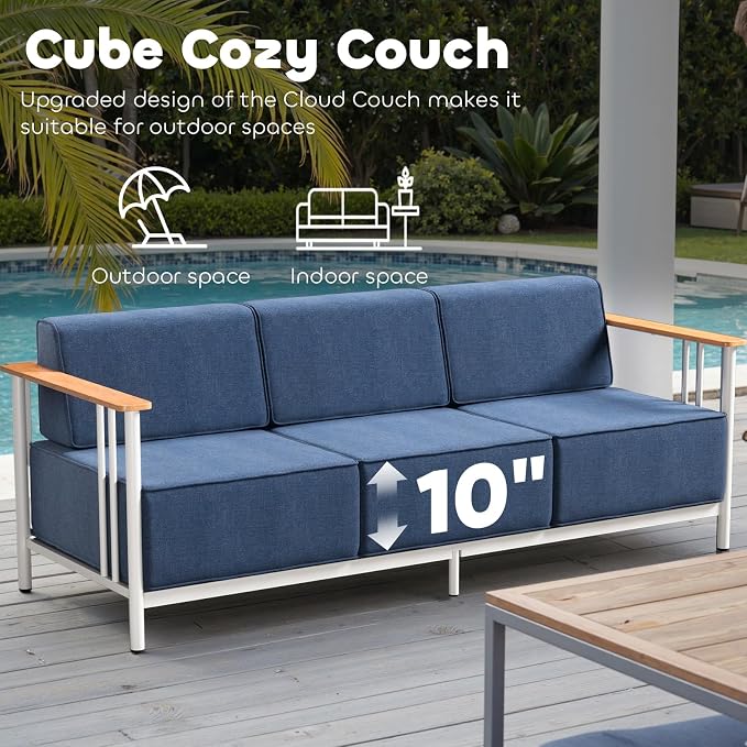 Luxury Patio Furniture Set with 10" Extra Thick Cushions, 6 PCS Outdoor Furniture Set with Patio Chairs & Couch & Coffee Table, Suitable for Porch, Balcony, Deck, Yard, Poolside, White/Blue