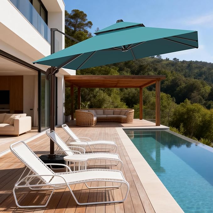 10x10Ft Patio Umbrella Outdoor Cantilever Rectangle Umbrella with Base Included, 6-Level Tilt & 360° Rotation Offset Umbrella for Garden, Deck, Pool(Turquoise)