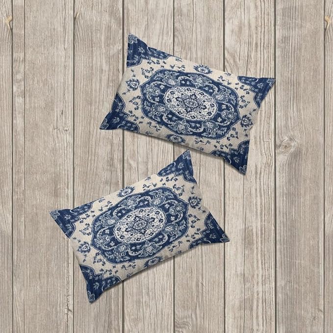 Set of 2 Classical Navy Blue Damask Pattern Pillow Covers 12x18in Farmhouse Canvas Cushion Covers Outdoor for Couch Chair Home Decor for Family Friends