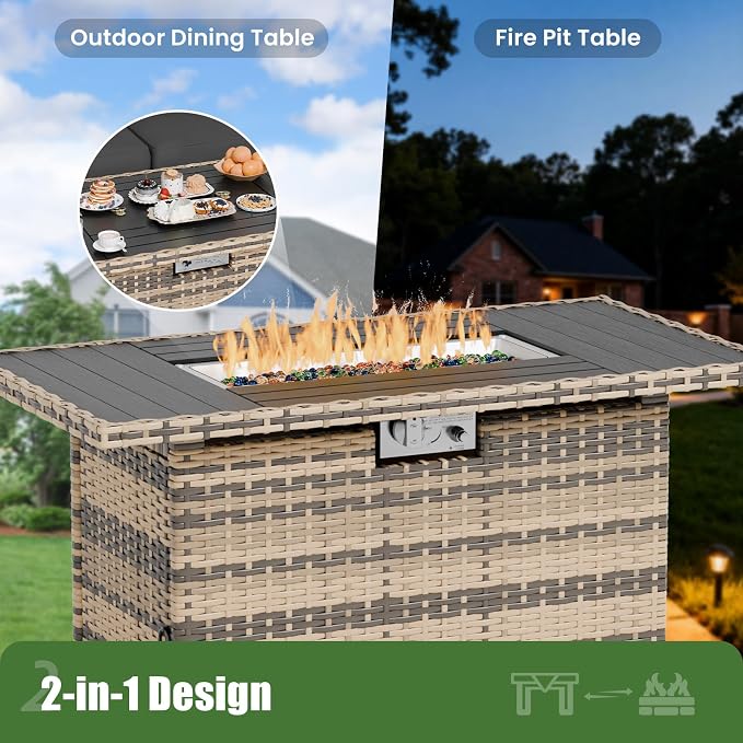 UDPATIO Patio Furniture Set with Fire Pit Table, 8 Inch Armrest Outdoor Sectional Sofas, 8 Piece All-Weather Wicker Conversation for Garden, Backyard