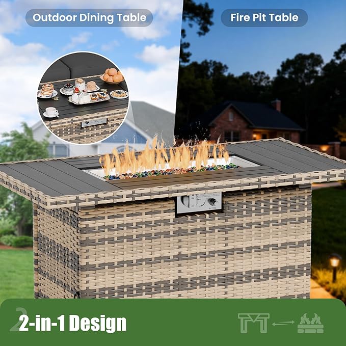 Amopatio 7 Piece Patio Furniture Set with 8" Armrest & 44" Fire Pit Table, Outdoor Wicker Rattan Sectional Sofa Conversation Set for Backyard, Garden, Poolside(Grey Cushion)