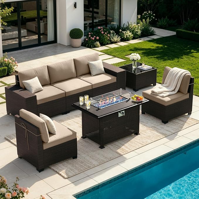 Patio Furniture Set 7 Pieces Outdoor Furniture Patio Conversation Set w/43in Gas Fire Pit,PE Rattan Wicker 7 Pcs Outdoor Sofa Set w/55000 BTU Propane Fire Pit Table,Sand