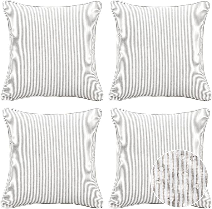 Decorative Outdoor Water Repellent Throw Pillows with Inserts, Set of 4, 18" x18" Pillows for Patio, Backyard, Bed, Couch, and Patio Furniture, Tan Stripe