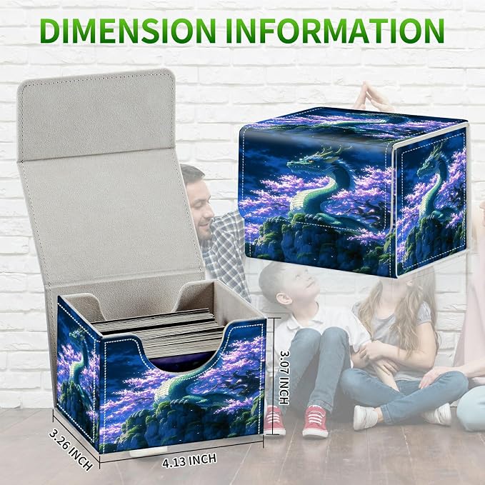 Card Deck Box for MTG, Cards Storage Box Fits 120+ Sleeved, Leather Small Size Strong Magnetic Closing Card Case for Board Games Magic TCG CCG Baseball Collection, Purple Tree Dragon
