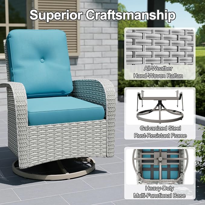 10-Piece Outdoor Patio Furniture Set, Modular Sectional Sofa Set with Swivel Rocker Chairs & Fire Pit, Wicker Outdoor Couch Conversation Sets w/Coffee Table and Cushions, Turquoise