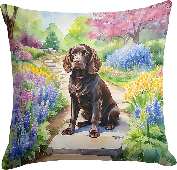 Caroline's Treasures Boykin Spaniel Spring Path Throw Pillow Machine Washable, Indoor Outdoor Decorative Pillow for Couch, Bed or Patio, 18Hx18W