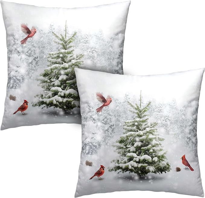 Winter Throw Pillow Covers 18X18 Snowy Natural Forest Decorative Pillow Case Set of 2 Green Pine Tree with Cardinal Birds Cushion Case for Couch Living Room Patio