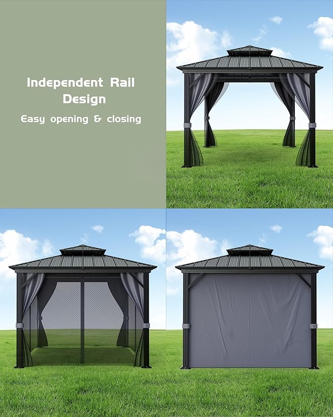 12x12 Gazebo Hardtop, Aluminum Frame Gazebos with Galvanized Steel Double Roof, Mosquito Net & Privacy Curtain,for Patio, Porch, Garden, Lawn, Deck, Backyard