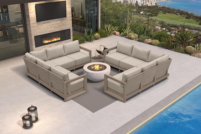 PURPLE LEAF Patio Furniture Set L-Shaped Outdoor Couch with 9.6" Thick Cushion and Soft Pillows 10 Piece Outdoor Sectional Sofas Modern Patio Conversation Sets for Yard Porch Deck Poolside, Khaki