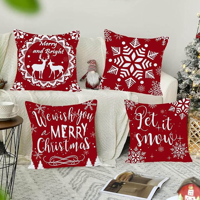 Christmas Pillow Covers 24x24, Merry Christmas Pillow Cases 24 x 24 Decorative Pillows Cases Square Red Christmas Tree Snowflake Winter Holiday Xmas Farmhouse Decor for Couch Sofa Set of 4