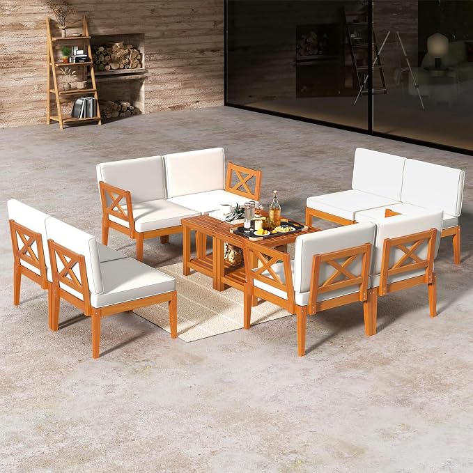 Tangkula 5 Pieces Acacia Wood Patio Furniture Set, Outdoor Sectional Conversation Set with Cushions and 2-Tier Coffee Table, Outdoor Bistro Furniture Set for Garden, Backyard and Poolside