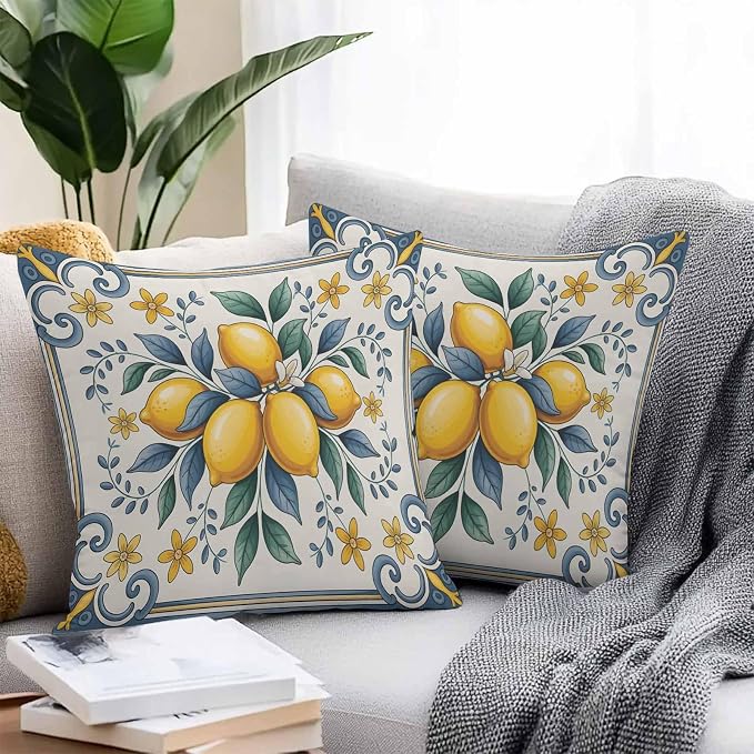 Throw Pillow Covers 24x24 Inch Set of 2, Yellow Blue Lemon Waterproof Outdoor Cushion Covers, Summer Botanical Watercolor Decorative Pillowcases for Couch, Sofa, Bed, Garden, Patio
