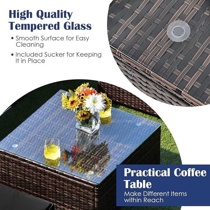 DORTALA 6 Pieces Patio Furniture Set, Outdoor Wicker Conversation Set with Glass Coffee Table, Wicker Sofa Set with Back & Seat Cushions, Rattan Sectional Conversation Couch Set, Black