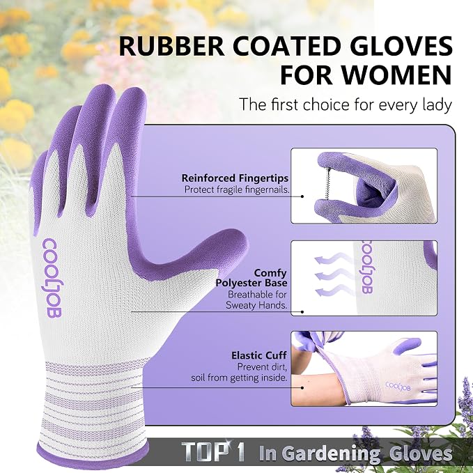COOLJOB 2 Pairs Gardening Gloves for Women, Breathable Rubber Coated, L | Purple & Green, Textured Latex Palm, Breathable Polyester Liner, Flexible Fit, Machine Washable, Women's Garden Gloves