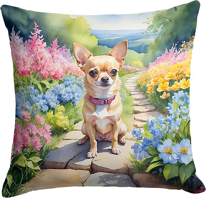 Caroline's Treasures Chihuahua Spring Path Throw Pillow Machine Washable, Indoor Outdoor Decorative Pillow for Couch, Bed or Patio, 14Hx14W