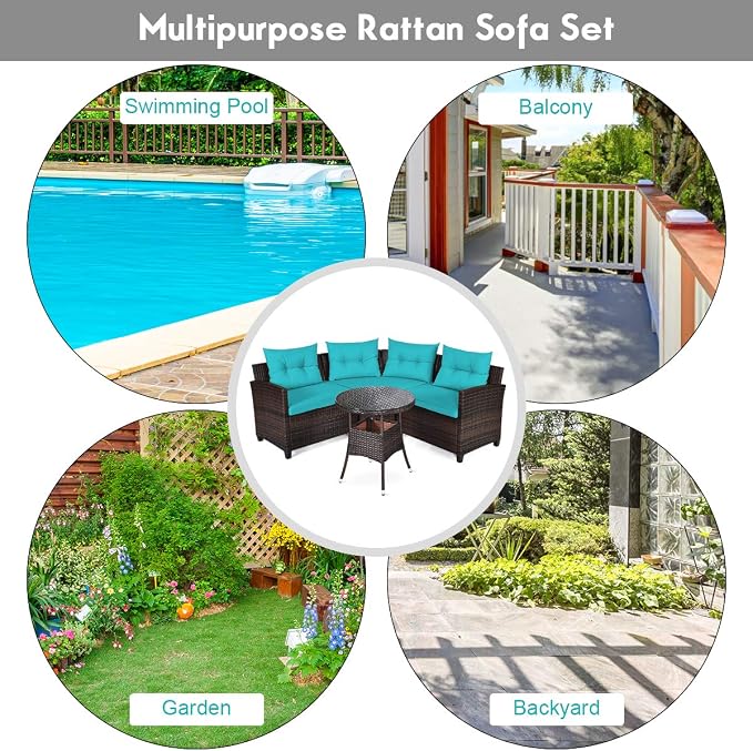 COSTWAY 4-Piece Patio Furniture Set, Wicker Rattan Sofa with Cushions and Coffee Table, Outdoor Sectional Conversation Sofa Set for Poolside Backyard Lawn Backyard (Turquoise)