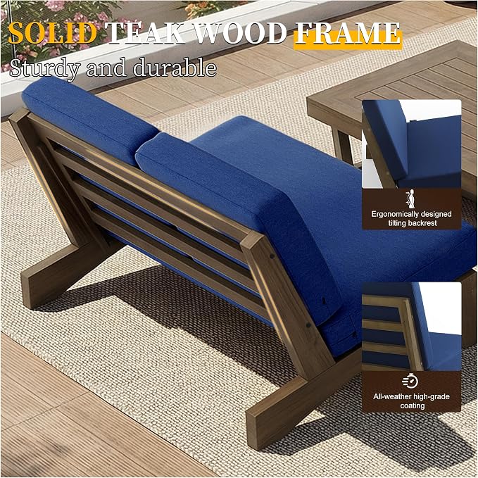 All Weather Wood Patio Furniture Sets, 3 Pieces Patio Loveseat Sofa Outdoor Sectional Futniture Backyard Conversation Set with Solid Wooden Coffee Table - Navy Blue