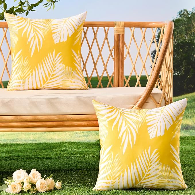 Allorry Outdoor Pillow Covers 20x20 Set of 2 Tropics Palm Leaves Yellow Floral Pattern Decoration Throw Pillow Covers for Outdoor Waterproof Furniture Garden Patio Sofa Bedroom Home Decor JB008-A20