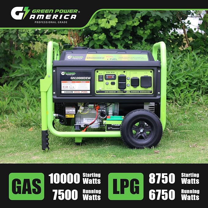 Green-Power America Portable Generator 10000 Watt Gas/Propane Dual Fuel Electric Start Home Backup & RV Ready 120V/240V Outlets Camping Commercial & Residential Emergency Home Backup - EPA Compliant