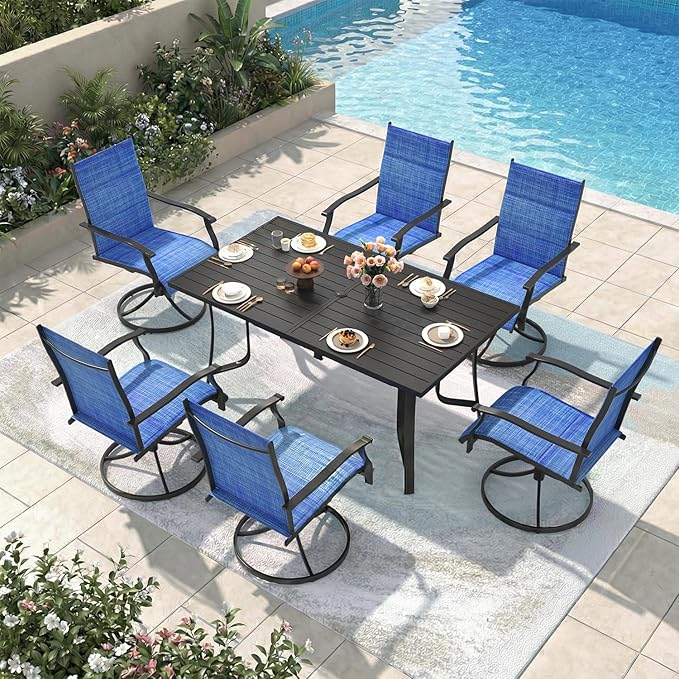 7 Pieces Patio Table and Chairs Set, 63" Metal Dining Table with Umbrella Hole, 6 High Back Textilene Swivel Chairs, Dining Table Set for 6, Outdoor Furniture for Porch Deck Yard Balcony, Blue