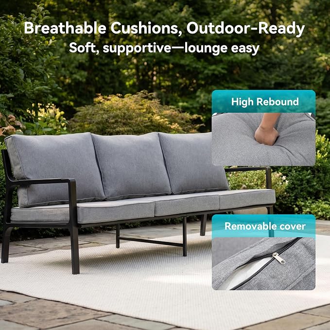 COSIEST Iron-Aluminum Patio Furniture Set, 3-Seat Metal Patio Sofa w Wood-Grain Coffee Table, Weather-Resistant Outdoor Sectional Sofa for Balcony, Porch,Deck