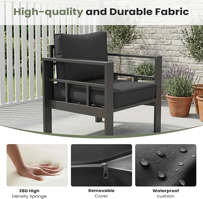4 Piece Aluminum Patio Furniture Set, Thick Cushions, Aluminum Outdoor Sectional Conversation Set with Coffee Table for Porch, Backyard, Deck(Grey/Dark Grey-1)