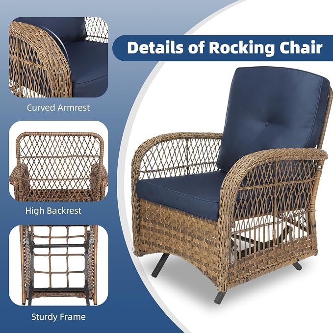 Outdoor Wicker Glider Rocker Chair, Patio Rattan Gliding Rocking Chairs Set of 2 with Thickened Cushions, All-Weather Wicker Furniture Sets for Porch Garden & Backyard, Navy Blue