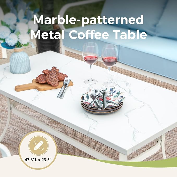 MIXPATIO 4 Piece Patio Furniture Set, 2 x Swivel Chair, 1 x 3-Seat Sofa with Marbling Coffee Table, All Cushioned 5 Seats Outdoor Conversation Set for Lawn Garden Backyard, Blue