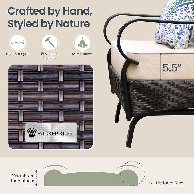 PHI VILLA Outdoor Patio Furniture Set，Premium Rattan Wicker Metal Patio Conversation Sets for Backyard w/Coffee Table, Seat Cushions