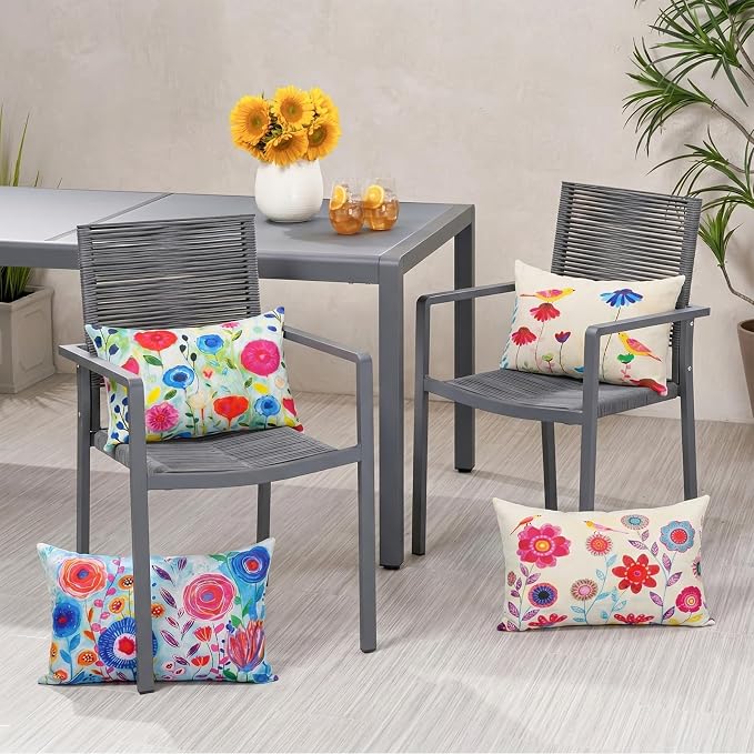 Colorful Floral Outdoor Lumbar Pillow Covers 12x20 Waterproof, Set of 4 | Floral Lumbar Pillow Cases, Flower Decor, Outdoor Lumbar Pillows for Patio Furniture Porch, No Decorative Pillow Inserts