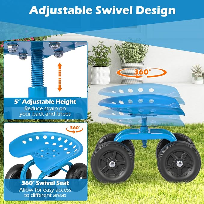 Garden Cart with Seat, Heavy-Duty Rolling Outdoor Wagon Scooter w/Height Adjustable & 360° Swivel Seat, Gardening Work Seat Stool, Patio Scooter on Wheels for Lawn Yard Planting (Blue)