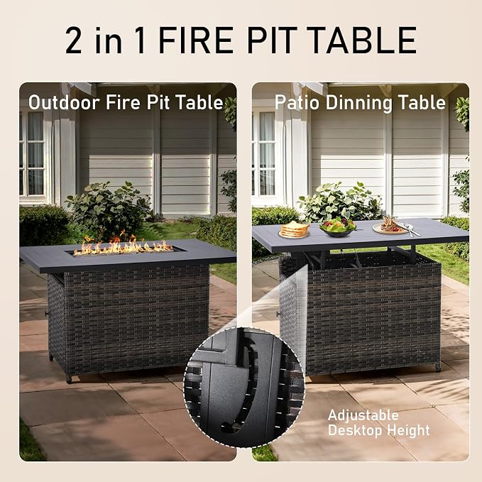 HUMMUH Patio Furniture Set with Fire Pit Table 5-Piece Wicker Outdoor Swivel Rocker Patio Chairs High Back Outdoor Couch Conversation Set for Porch, Backyard, Deck