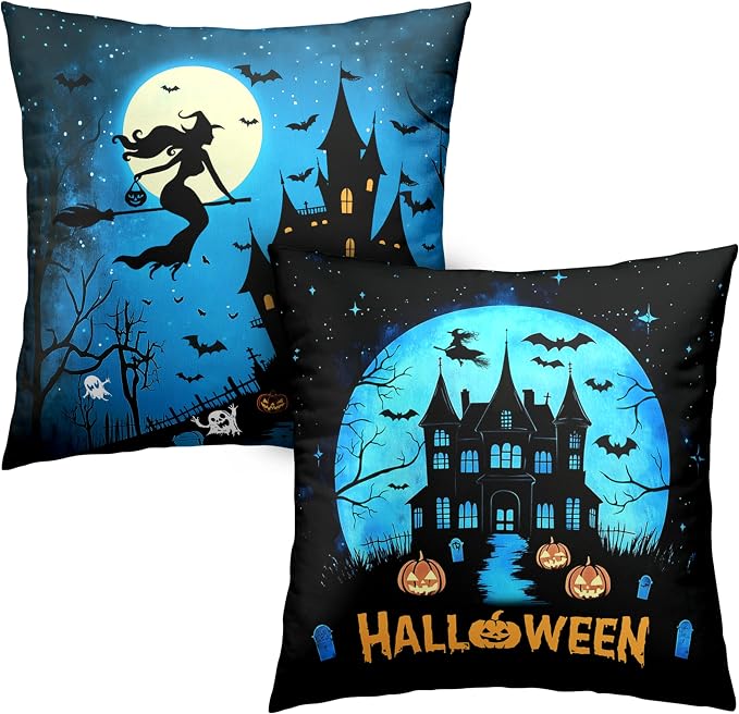 Halloween Pillow Covers 16x16 Set of 2 Witch Castle Throw Pillow Covers Horror Full Moon Night Pillow Case Bat Ghost Pumpkin Cushion Case for Holiday Party Home Decor Couch Sofa