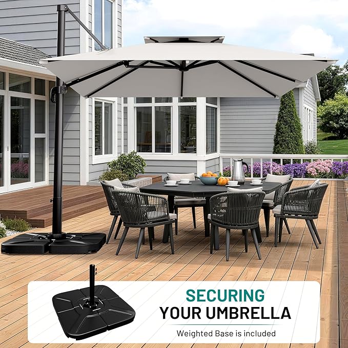 AreShark 9×9FT Double-Top Cantilever Patio Umbrella with Base Included, Square Offset Umbrella with 360 Degree Rotation, Heavy Duty Patio Umbrella for Garden Deck Pool, 5 Tilt Angles, Light Grey