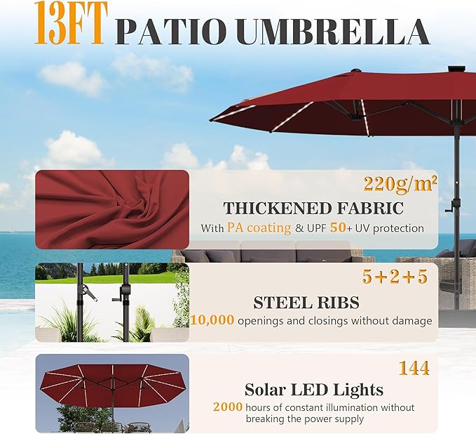 GDPFN 13ft Rectangular Patio Umbrella with Solar LED Lights, Double-Sided Outdoor Market Umbrella with Base Included, Extra Large Shade for Pool, Deck, Backyard, Garden, Burgundy