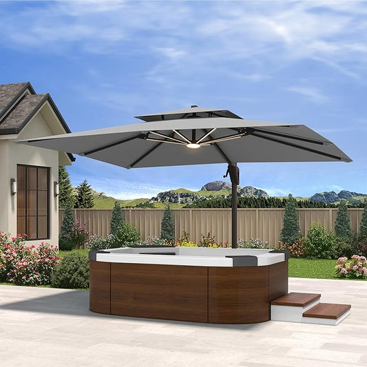 10' X 13' Cantilever Patio Umbrella with Led Lights Double Top Rectangular Outdoor Large Offset Umbrellas with 7 Tilts Adjustable 360°Rotation for Deck Pool Garden Backyard, Grey