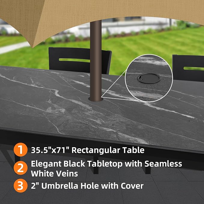 Outdoor Aluminum Marble Dining Table for 6-8, 71” Luxury Patio Table with Black Sintered Stone Top, Post Tapered Legs for Garden, Lawn, Weatherproof & Rust-Free