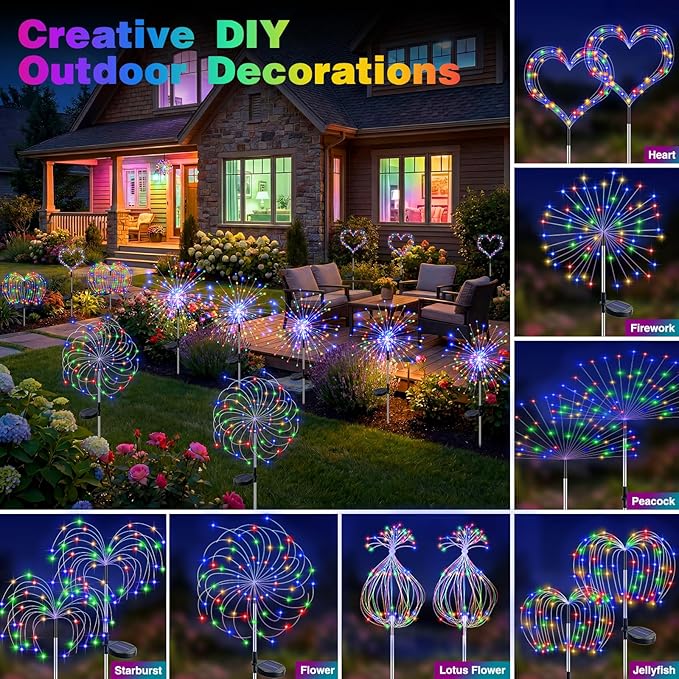 btfarm 4 Pack Solar Garden Lights Outdoor, 8 Modes Firework Lights Outside | 120LED, Waterproof Fairy Twinkle Light Solar Powered for Yard Christmas Pathway Lawn Pool Patio Decorative, Multicolor
