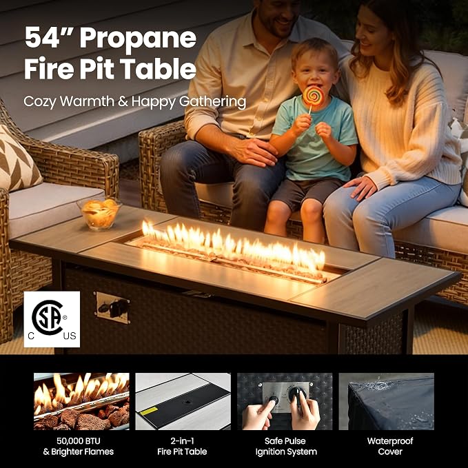 8 Piece Patio Furniture Set with Fire Pit Table, All Weather Wicker High Back Sofa Chairs Ottoman with Thick Cushion, Outdoor Conversation Sets for Large Backyard Deck Garden, Grey