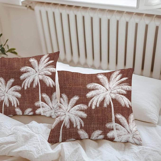 Outdoor Pillow Covers 24x24 Inch Set of 2, Brown Palm Trees Waterproof Throw Pillow Covers, Farmhouse Tropical Summer Beach Decorative Cushion Pillowcases for Couch, Sofa, Bed, Garden, Patio