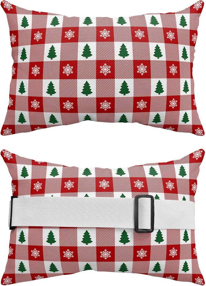 Outdoor Pillows Covers with Inserts Christmas Tree Snowflake Red White Plaid Waterproof Recliner Pillow with Adjustable Strap Throw Pillows for Patio Furniture Pool Lounge Chair, 11x16 inch, 1PCS