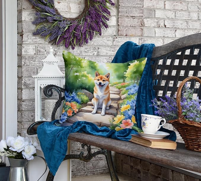 Caroline's Treasures Shiba Inu Spring Path Throw Pillow Machine Washable, Indoor Outdoor Decorative Pillow for Couch, Bed or Patio, 18Hx18W