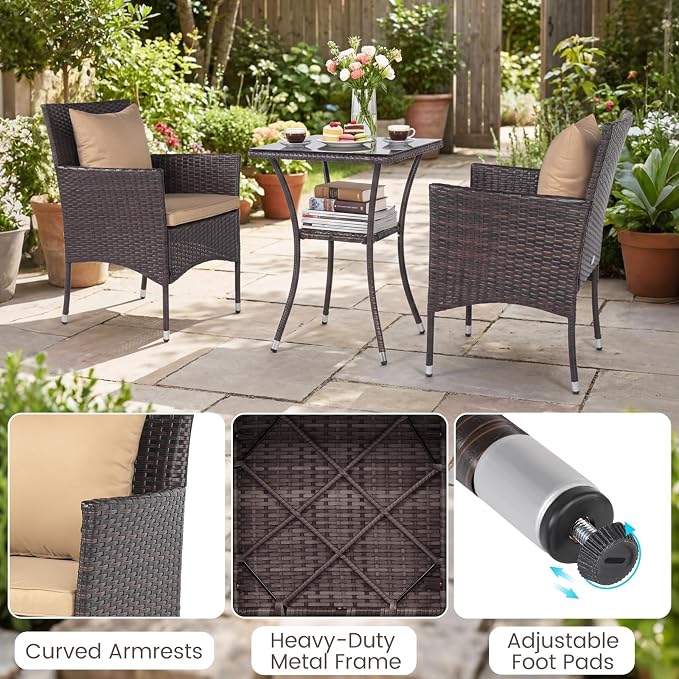 DORTALA Wicker Patio Furniture Set 3 Piece, Small Outdoor Table & Chairs with Tempered Glass Tabletop, Cushions, Rattan Conversation Bistro Set for Balcony, Porch, Backyard, Deck, Mix Brown+Beige