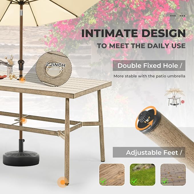 HAPPATIO 7-Piece Outdoor Dining Set for 6, Aluminum Patio Dining Set Includes 6 Dining Chairs and 1 Large Rectangular Table with Umbrella Hole, Patio Furniture Set for Lawn, Porch, Backyard, Brown