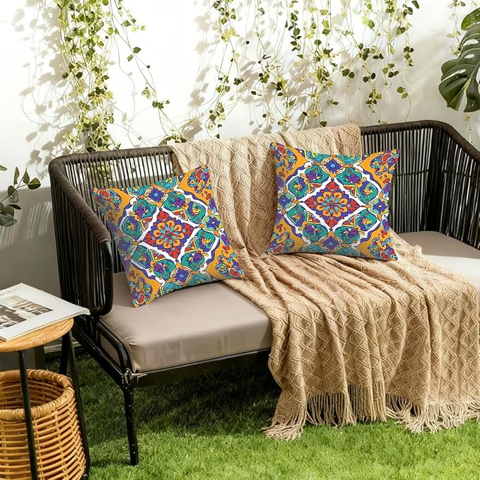 16x16 Inch Outdoor Pillow Covers Set of 2 Waterproof Throw Pillow Covers Decorative Couch Cushion Covers Mexican Floral Square Pillowcases Protectors for Patio Garden Sofa